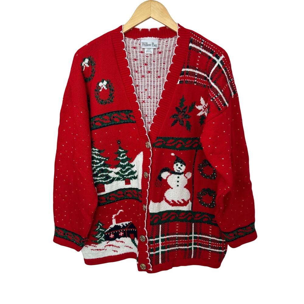 Vintage Willow Bay‎ Cardigan Sweater Womens Large Red Christmas Holiday Snowman